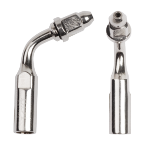 Punta E1 EMS Woodpecker para endodoncia, vista lateral y frontal